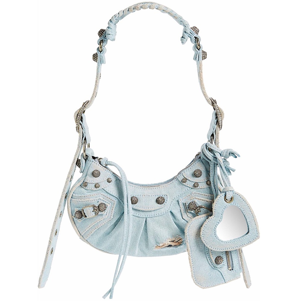 NEW🔥BALENCIAGA XS Le Cagole Distressed Denim Crystal Embellished Shoulder Bag